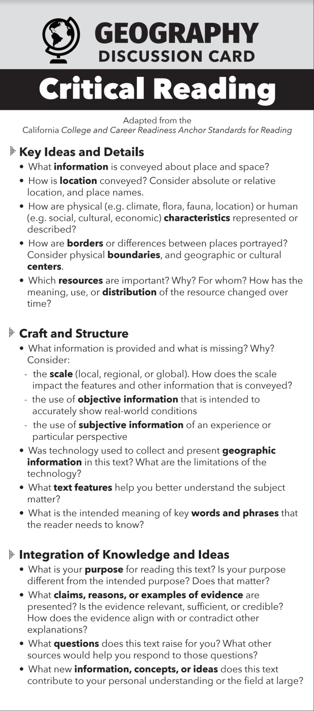 This image shows the Critical Reading side of the Geography Discussion Card. This image is the same content available in the link above.