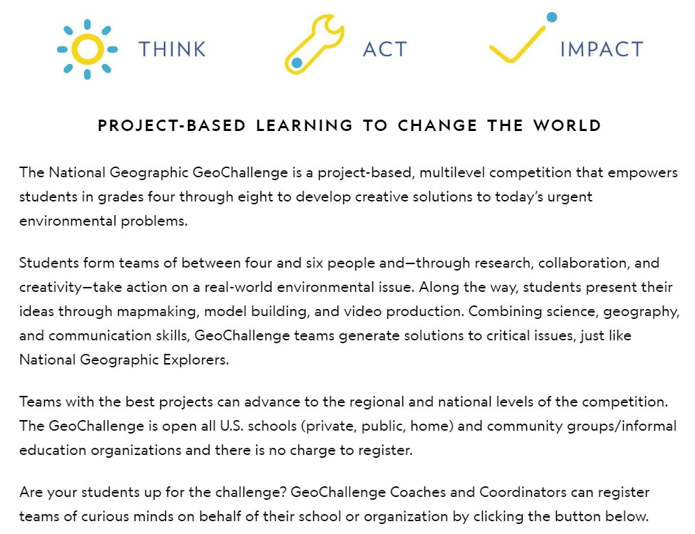 Graphic includes a description of the GeoChallenge Competition.  Full info on the competition is available in an accessible format at https://www.nationalgeographic.org/education/student-experiences/geochallenge/rules/