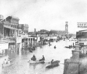 A scene from January 10, 1862 shows flooded K St., looking east from 4th St.