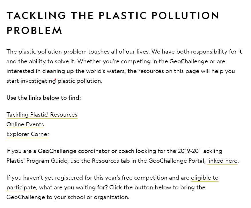 The image describes the theme for the 2019-20 GeoChallenge competition: "Tackling Plastic Pollution." The full text is available in accessible format at https://www.nationalgeographic.org/education/student-experiences/geochallenge/ 