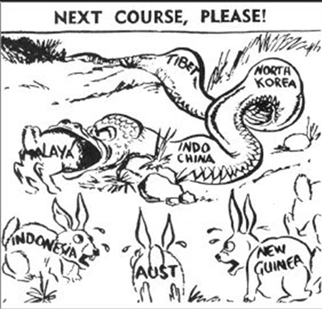 Cartoon depicting a snake eating up bunnies with the names of countries on them,