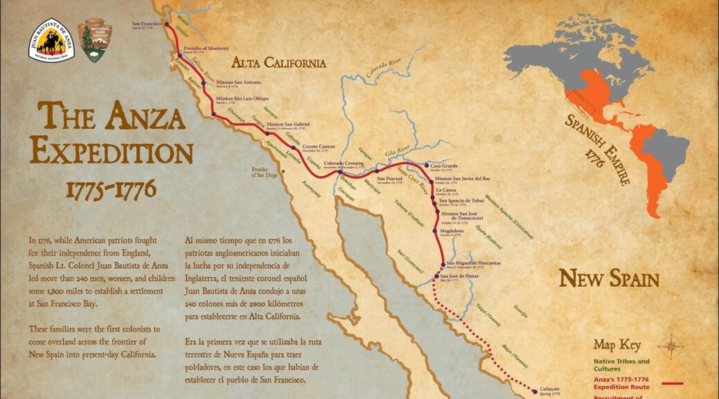 This is an antique style map with the title "The Anza Expedtion of 1775-76." The map shows a red line representing the trail route.