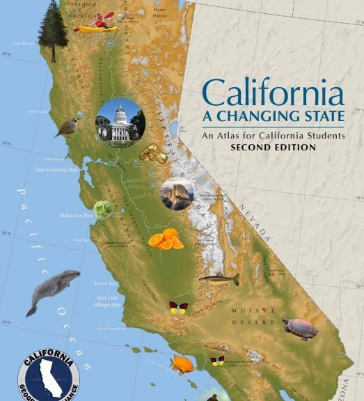Image shows front cover of student atlas titled California: A Changing State. Cover shows map of California with icons representing recognizable features of the state.