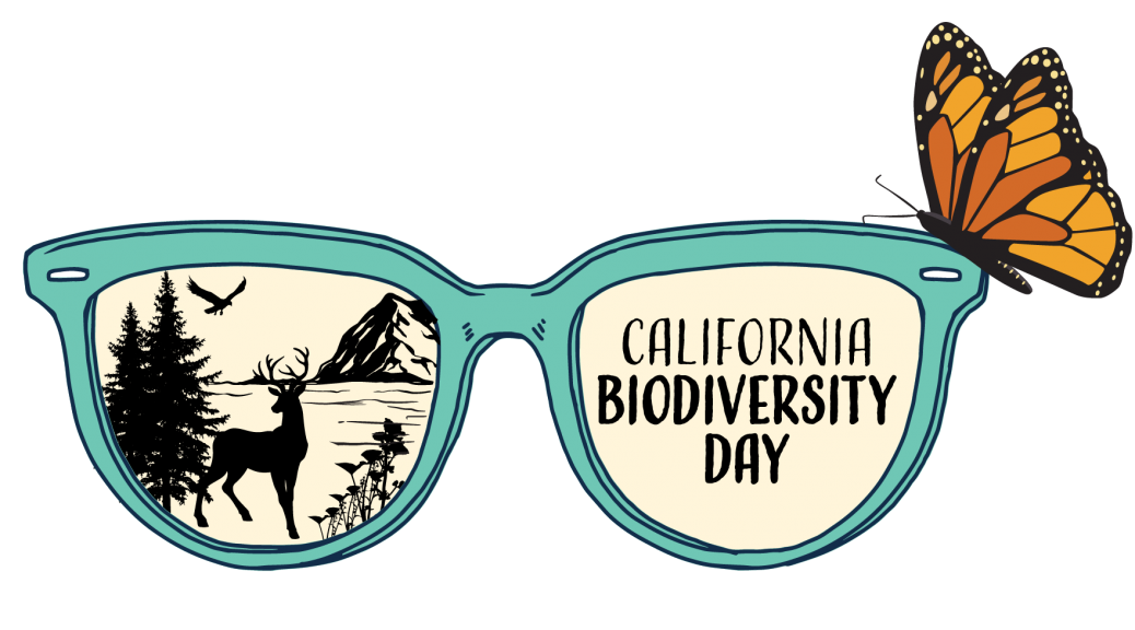 Logo for California Biodiversity Day features a monarch perched on the rim of a pair of glasses. A nature scene is reflected in one lens.