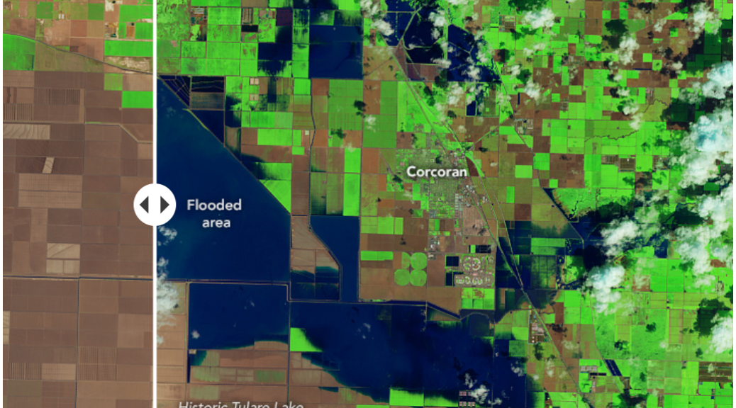 Image shows side by side comparison of satellite images captured before and after flooding of farmland in the area of Tulare Lake.